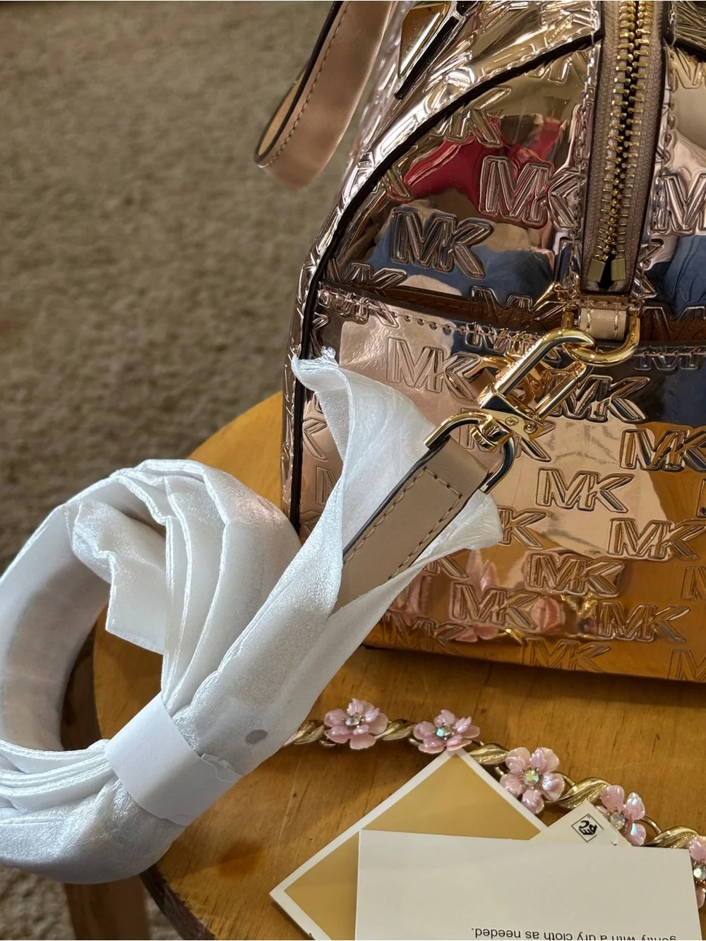 MICHAEL KORS GRAYSON ROSE GOLD MD DUFFLE SATCHEL With MK Logo Zip Around Wallet